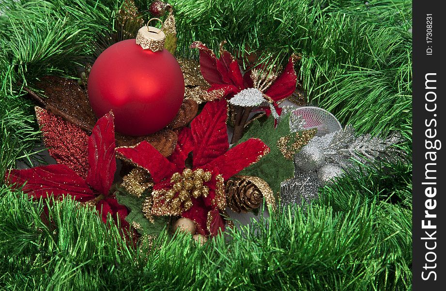 Christmas red ball on green decoration