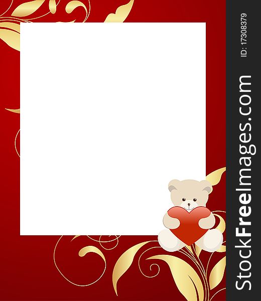 Red frame with gift bear and golden floral patterrn. Vector illustration, isolated on a white. Red frame with gift bear and golden floral patterrn. Vector illustration, isolated on a white.