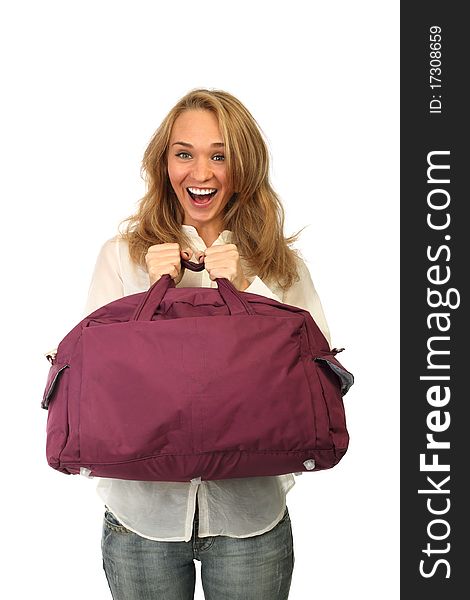 Young woman with big bag, isolated background.