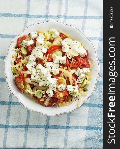 Salad With Feta Cheese, Tomato And Corn