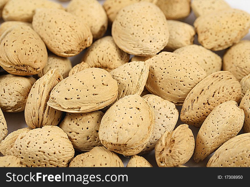 Close up of many almonds.