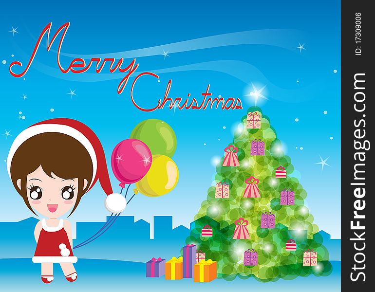 Girl with Santa hat on beautiful Christmas background. Girl with Santa hat on beautiful Christmas background