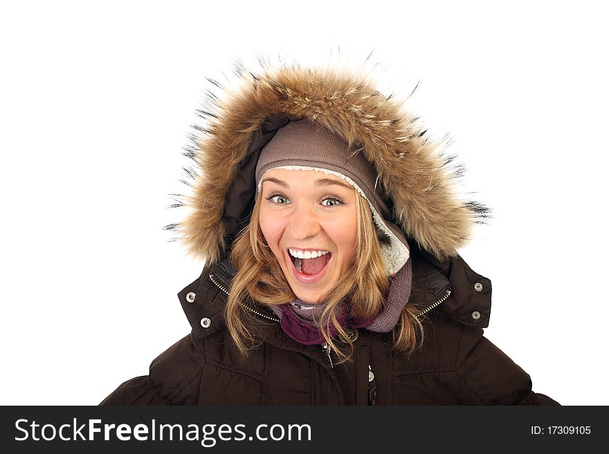 Portrait of one happy frozen  woman in winter coat  isolated background