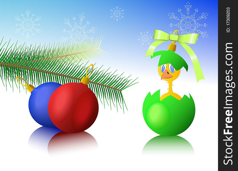 Chicken, Christmas toys and snowflakes are shown on the image. Chicken, Christmas toys and snowflakes are shown on the image.