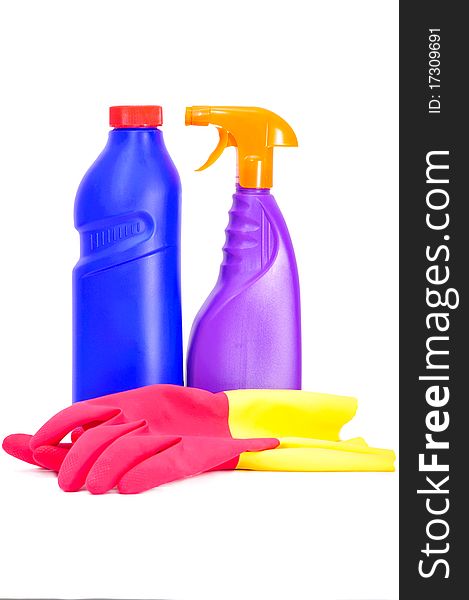 Two Flacons Of Washing Liquid And Rubber Gloves