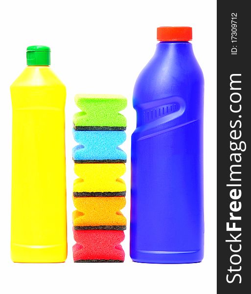 Two flacons of washing liquid and sponges isolated