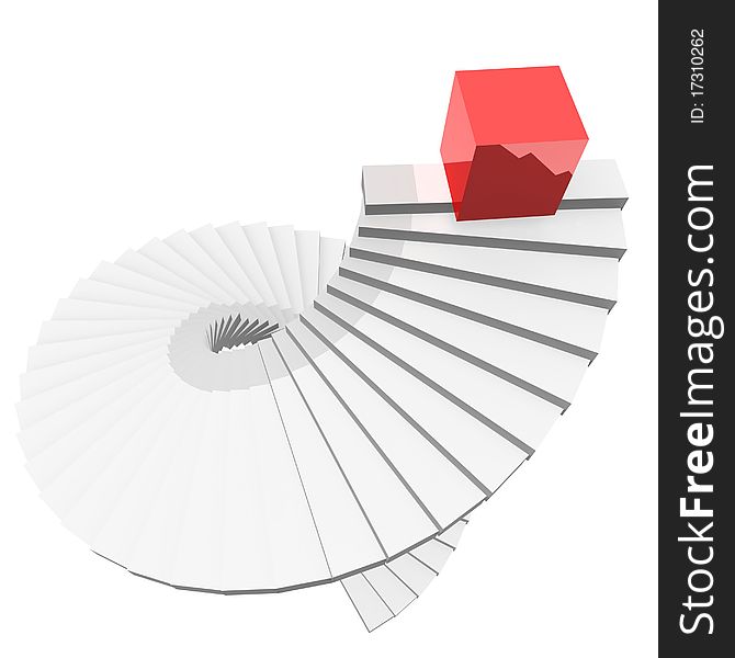 White spiral staircase to the top of which is a red cube. 3d computer modeling. White spiral staircase to the top of which is a red cube. 3d computer modeling