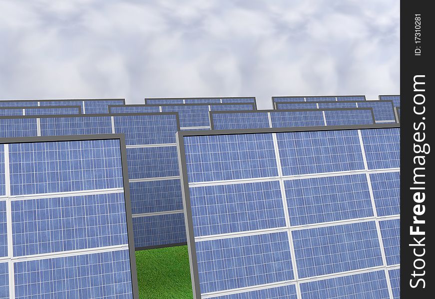 A 3d illustration of a solar panel field. A 3d illustration of a solar panel field
