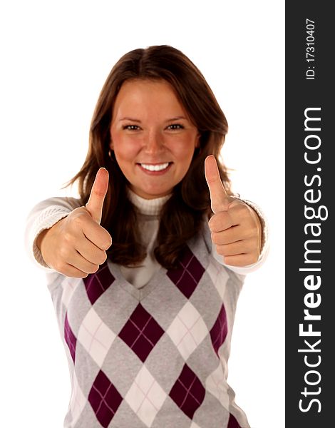 Portrait of smiling female. Thumbs up. Focus on hands