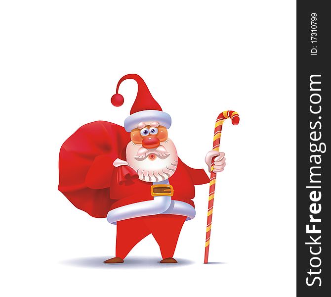 Illustration of Santa Claus with sack of presents, isolated on white background.