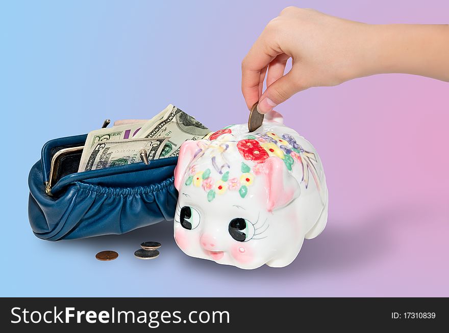 Female hand puts money into the  piggy  moneybox from purse  with dollars. Female hand puts money into the  piggy  moneybox from purse  with dollars