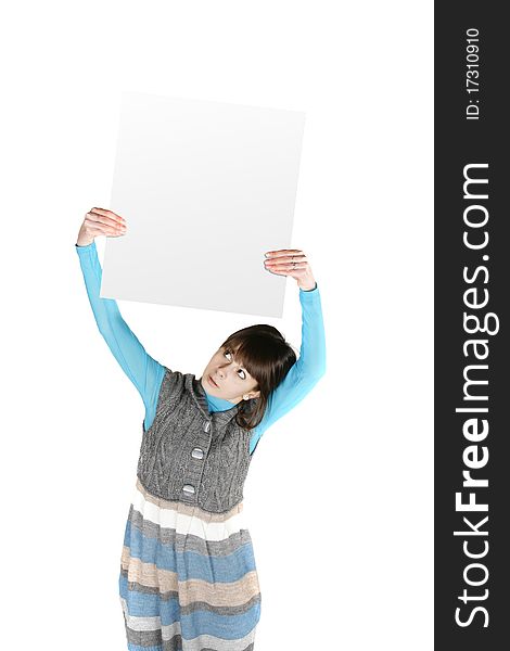 Portrait of a lovely young female holding blank sheet against white background. Portrait of a lovely young female holding blank sheet against white background