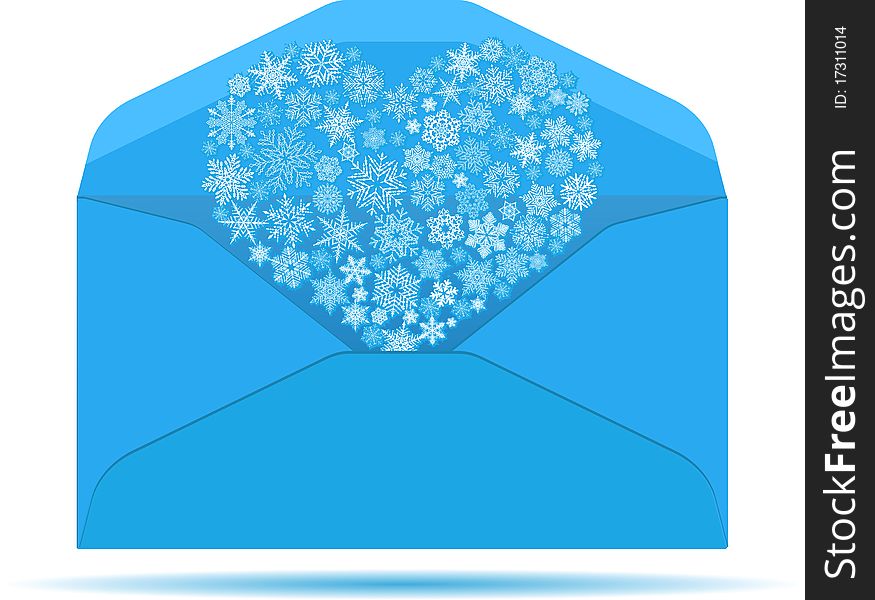 Open Letter With Heart Made Out Of Snowflakes. Vector Illustration.