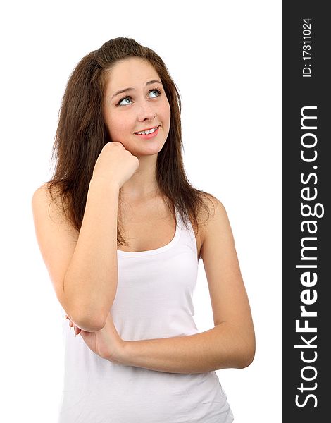 Portrait of a smiling thinking woman looking up. isolated on white