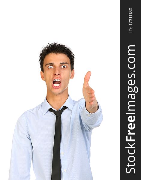Portrait of a young man screaming out loud and anger isolated on a white background