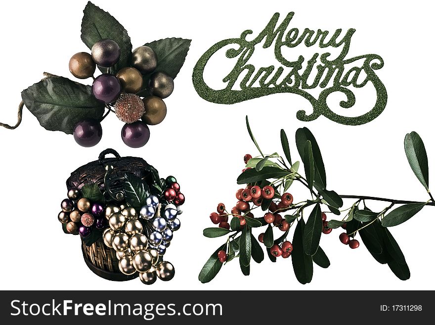 Merry Christmas Greenery elements with Merry Christmas, basket with berries, pyracantha berries and leaves, and berry spray