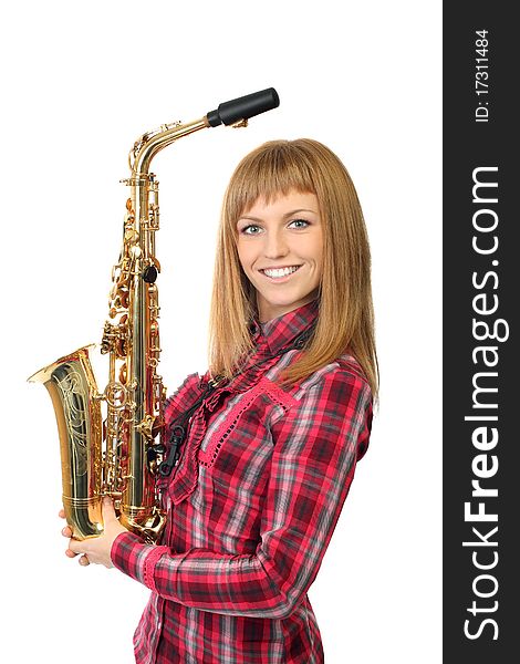 Smiling young  girl with saxophone