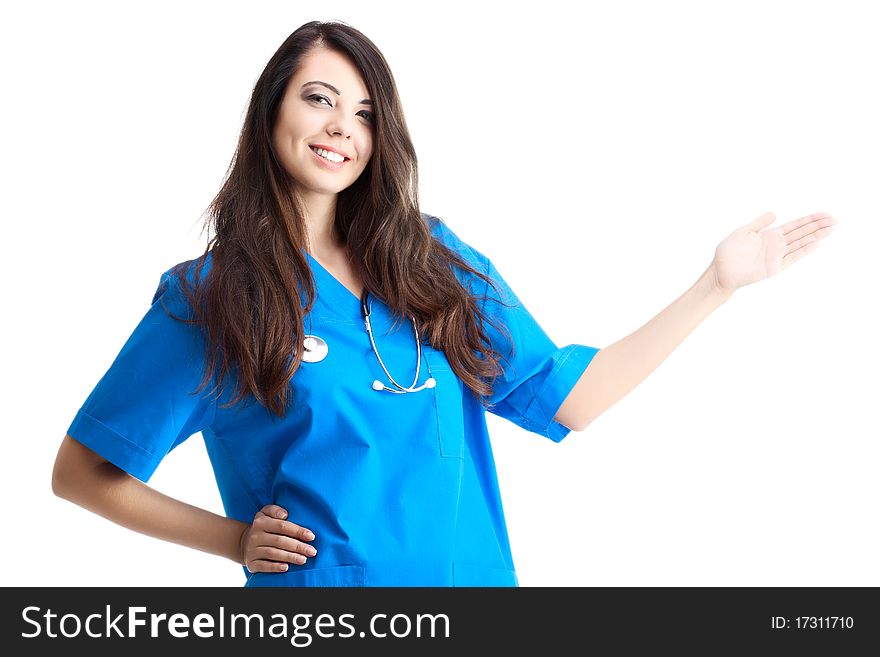 Female health care worker wearing stethoscope smiling. Female health care worker wearing stethoscope smiling