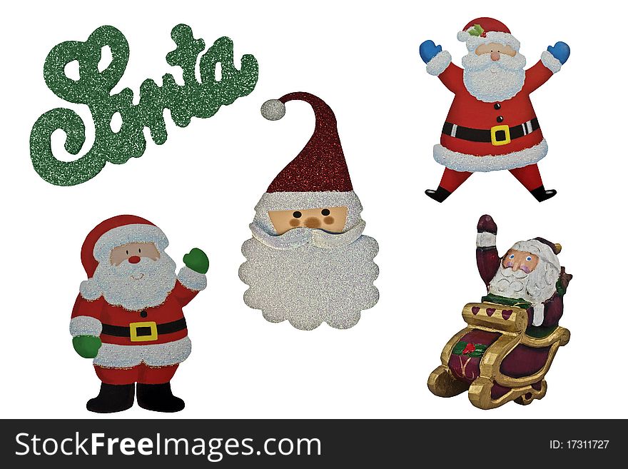 Collection of Santa Clauses isolated on a white background with the word Santa