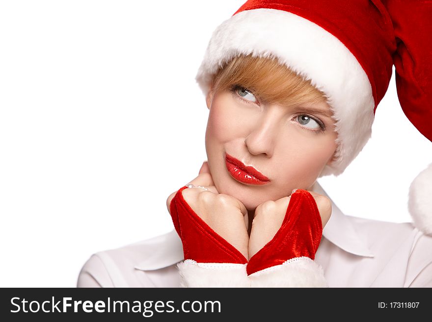 Beautiful santa clause blond woman hat, isolated on white background. Beautiful santa clause blond woman hat, isolated on white background