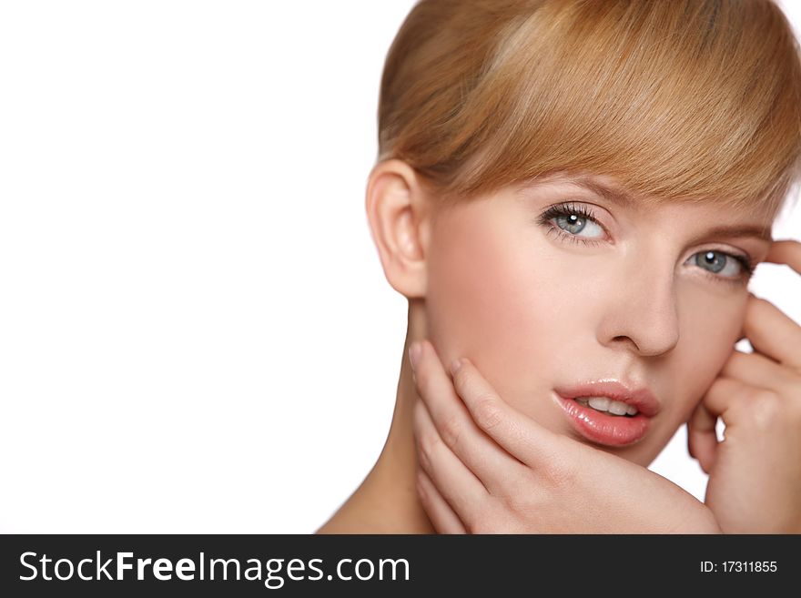 Portrait of beautiful blond woman looking at camera, isolated on white. Portrait of beautiful blond woman looking at camera, isolated on white