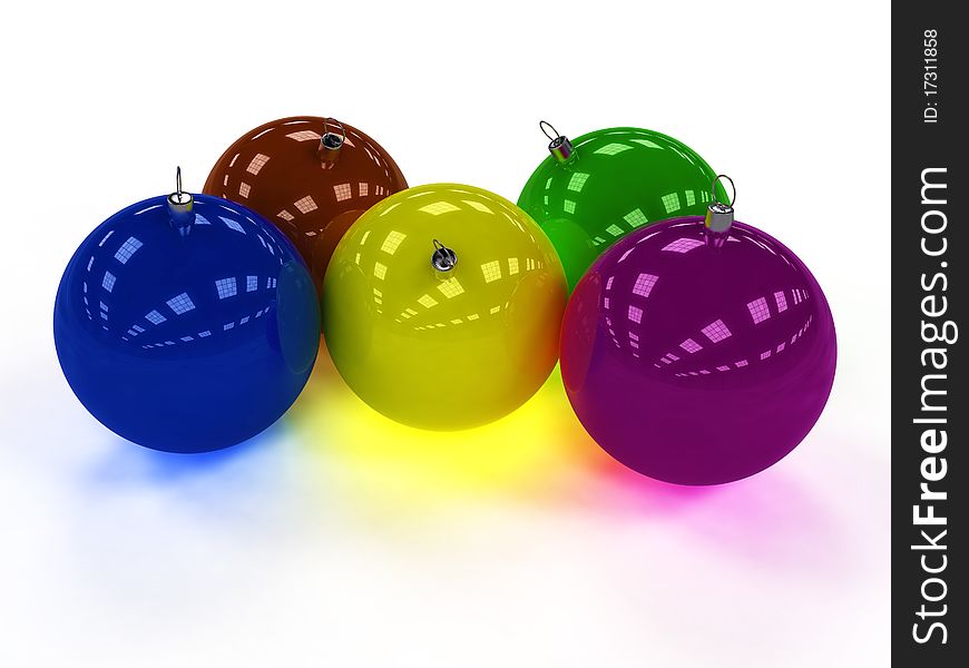 Five Christmas ball with different colors and with reflection on white background №1