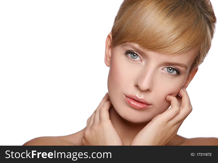 Portrait of beautiful blond woman looking at camera, isolated on white. Portrait of beautiful blond woman looking at camera, isolated on white