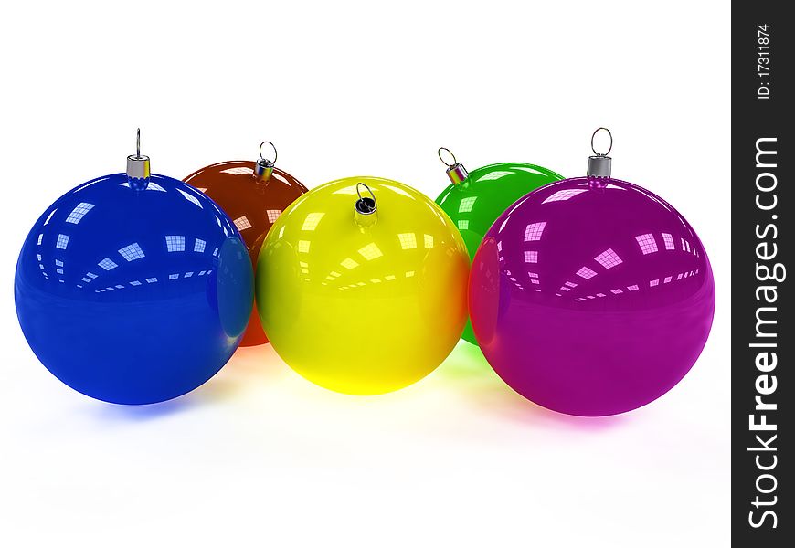 Five Christmas ball with different colors and with reflection on white background