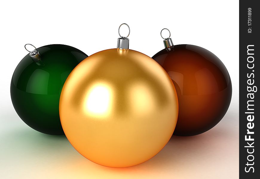 Three Christmas balls of different colors on a white background â„–1. Three Christmas balls of different colors on a white background â„–1