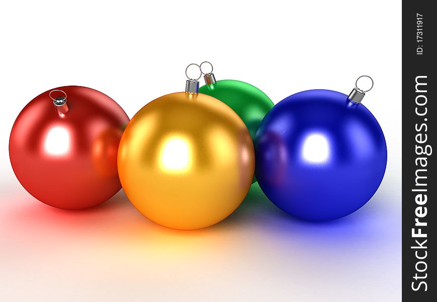 Four Christmas balls of different colors on a white background number 1