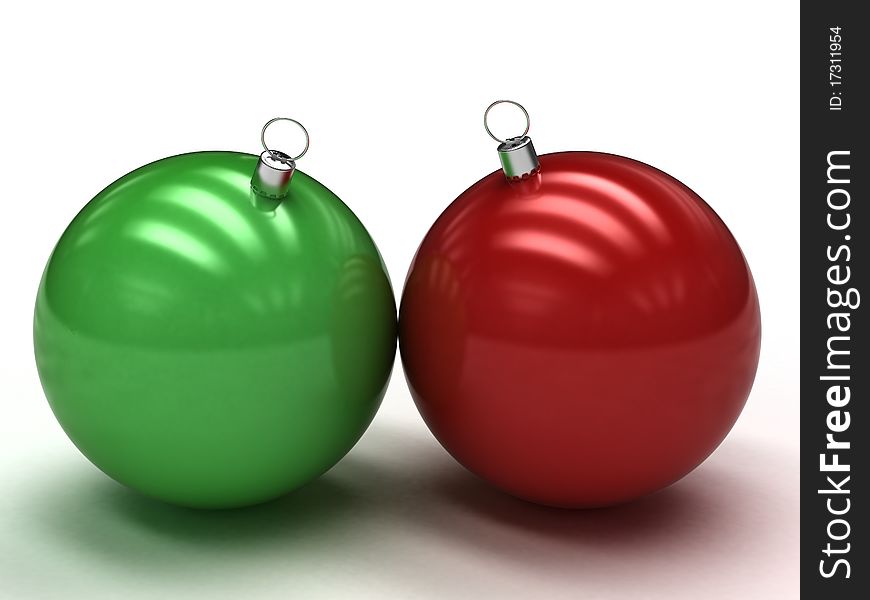 Green and red Christmas balls on white background
