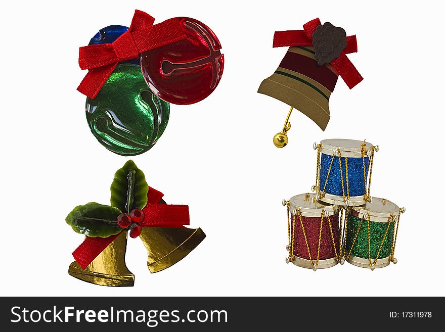 Christmas elements with bells, drums, ribbons, holly and isolated on a white background. Christmas elements with bells, drums, ribbons, holly and isolated on a white background