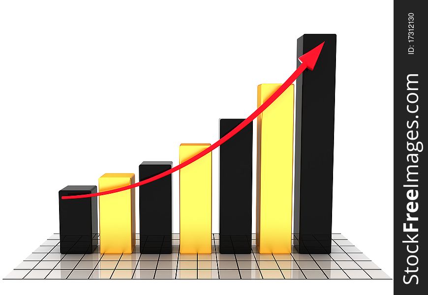 Business schedule. The graph of growth of the black and yellow cubes and a red arrow on the mirror surface and a white background. Business schedule. The graph of growth of the black and yellow cubes and a red arrow on the mirror surface and a white background