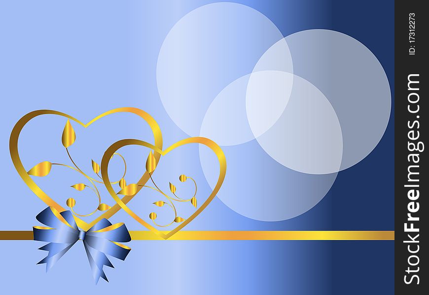 Two hearts of gold on a blue background with a tape