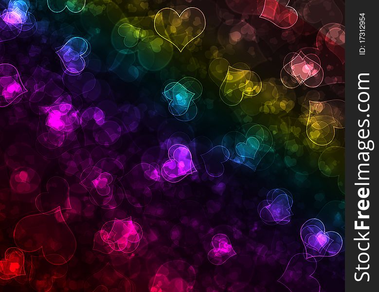 Beautiful bokeh from different colours hearts. Valentins background.