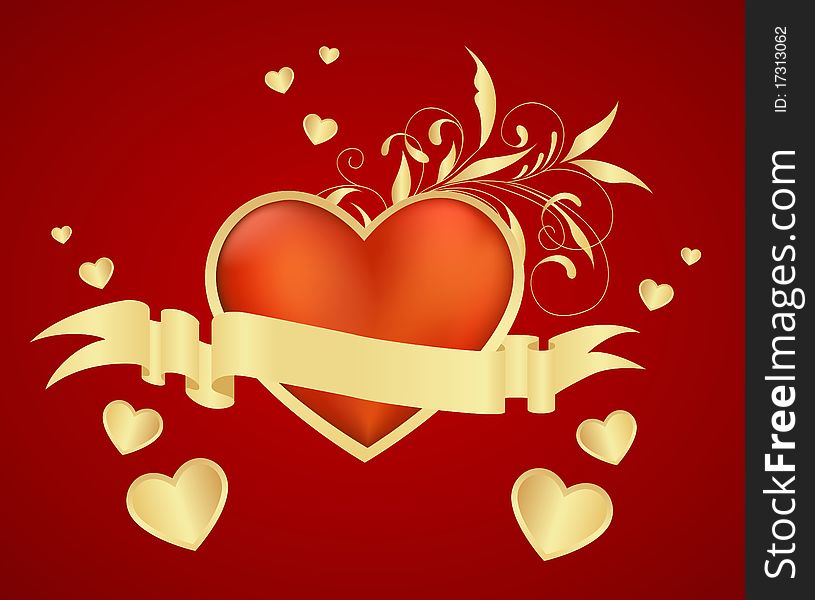 Red heart with small hearts environment and gold ribbon banner. Isolated on a white. Vector illustration.