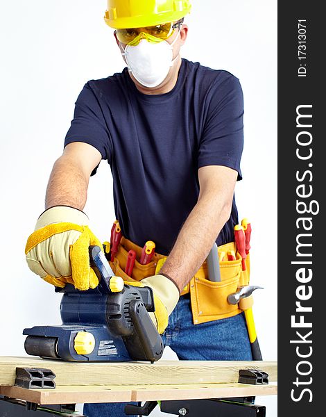 Mature contractor working. Over white background