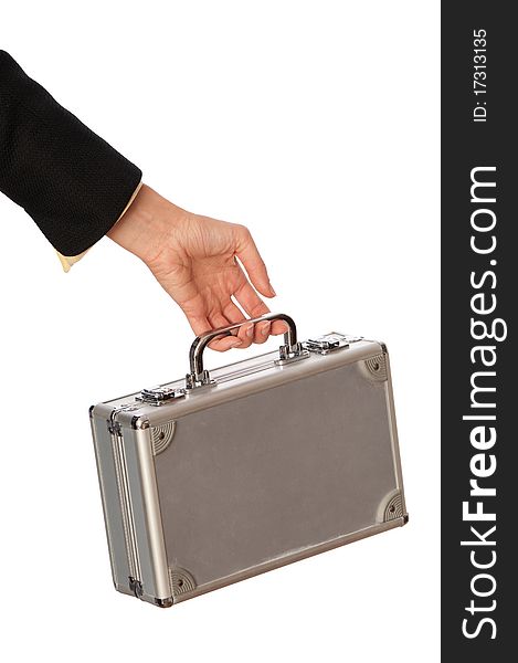 Woman unlocking metal grey case with money. Woman unlocking metal grey case with money