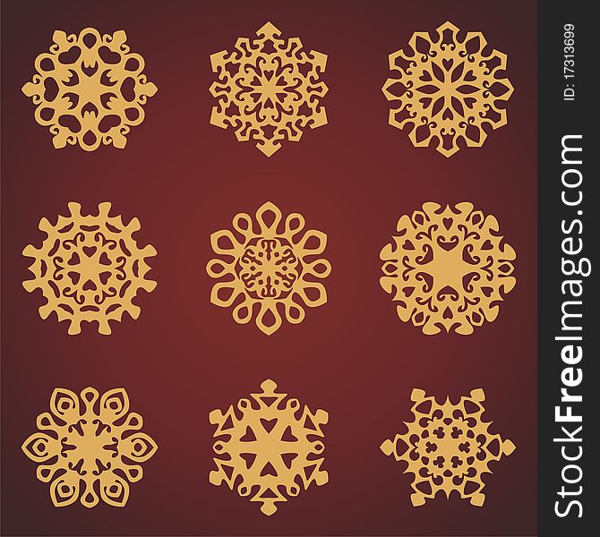 Yellow snowflakes on brown background. Vector illustration
