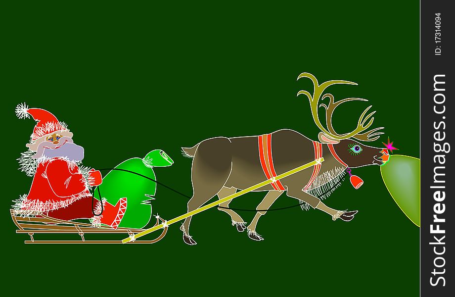 Santa Claus rides in a sleigh and takes a big bag of gifts. In the sleigh drawn by reindeer. He has a glowing red nose that lights up the road. Santa Claus rides in a sleigh and takes a big bag of gifts. In the sleigh drawn by reindeer. He has a glowing red nose that lights up the road.