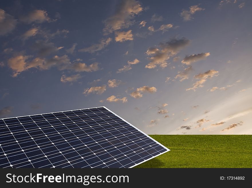 Solar cell on the green field with nice sky