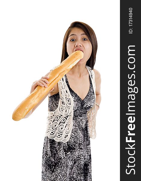 Pretty asian woman biting in a french bread, isolated on white background. Pretty asian woman biting in a french bread, isolated on white background