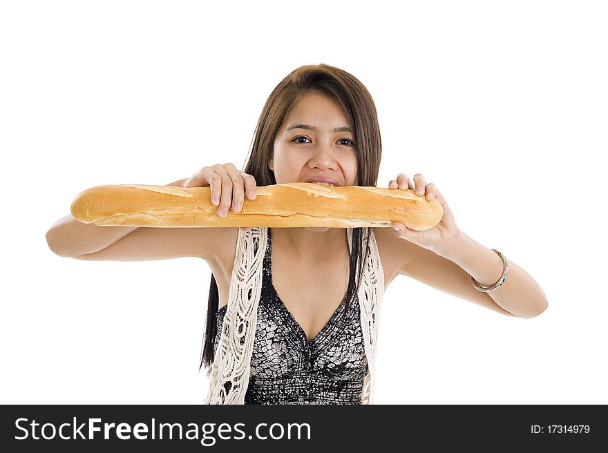 Pretty asian woman biting in a french bread, isolated on white background. Pretty asian woman biting in a french bread, isolated on white background