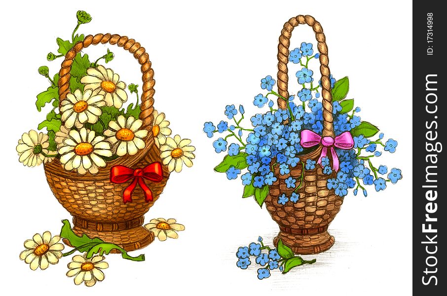 Illustrations of basket of flowers. Illustrations of basket of flowers