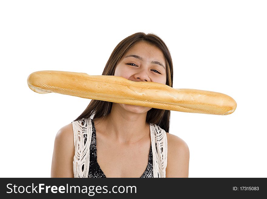 Pretty asian woman biting in a french bread, isolated on white background. Pretty asian woman biting in a french bread, isolated on white background