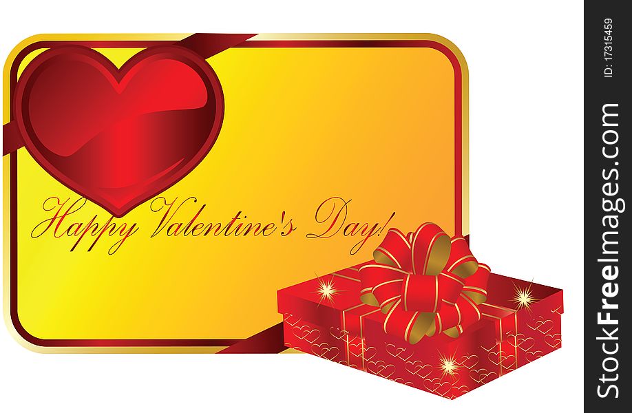 Celebratory box near to a celebratory card on a yellow background. Day of sacred Valentine!. Celebratory box near to a celebratory card on a yellow background. Day of sacred Valentine!