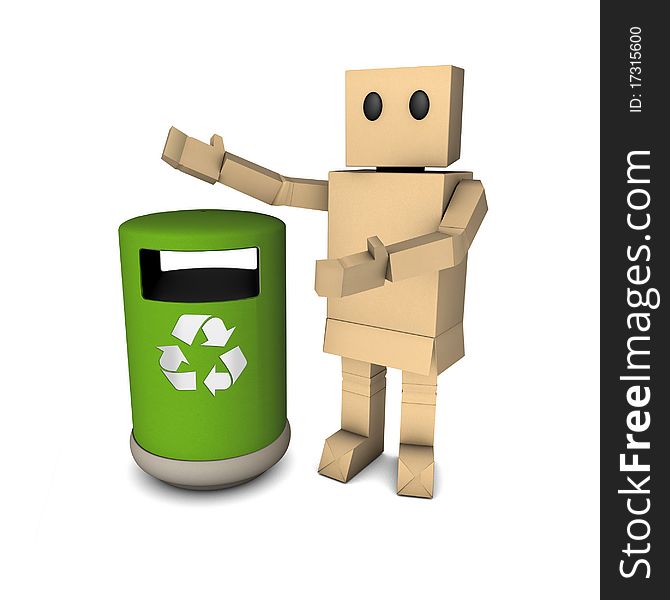 Box man encourage people recycling. Box man encourage people recycling