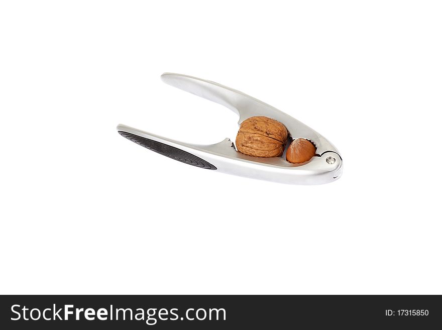 Series. walnut in a nutcracker on white background