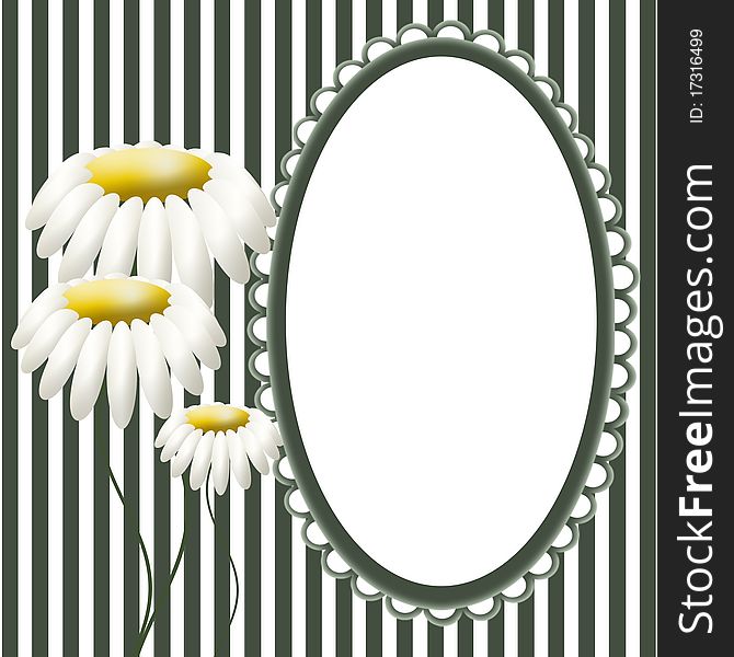 Vintage frame amd flowers camomiles on striped background. Vintage frame amd flowers camomiles on striped background