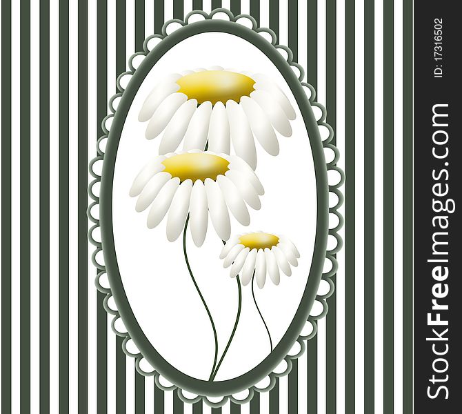 Flowers camomiles in vintage frame on striped background. Flowers camomiles in vintage frame on striped background